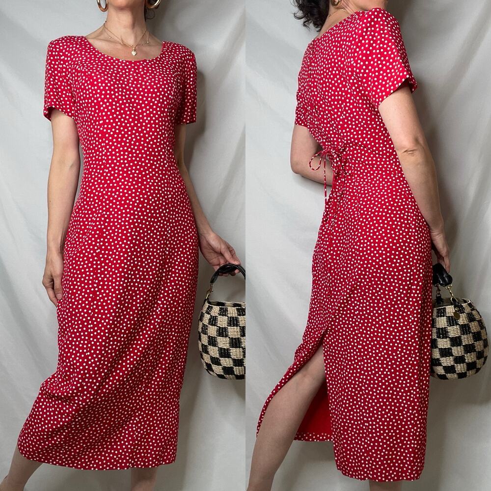 SOLD Vintage 90s red polka dot print midi maxi dress corset tie back Paris chic - Picture 16 of 16